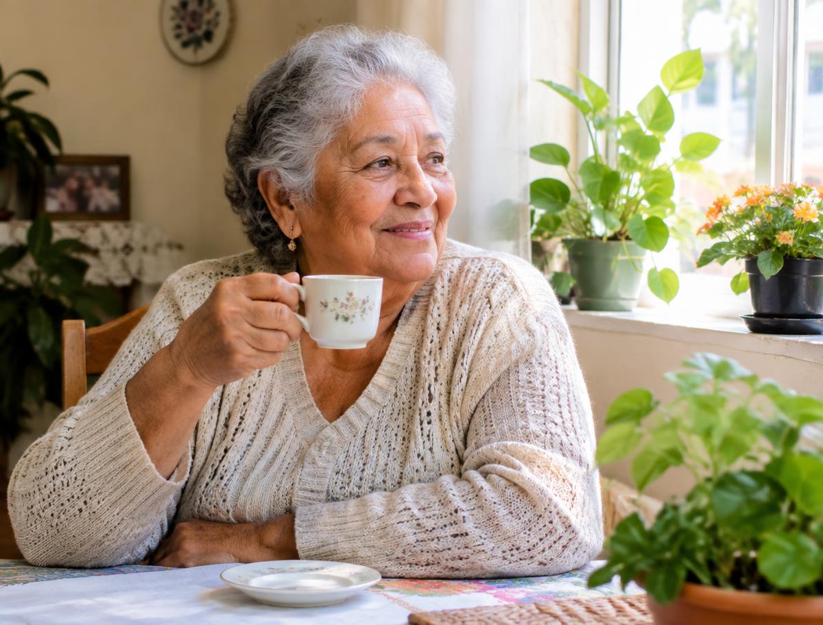 Senhora tomando café em casa, perto da janela